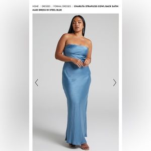 Strapless satin cowl back gown - steel blue